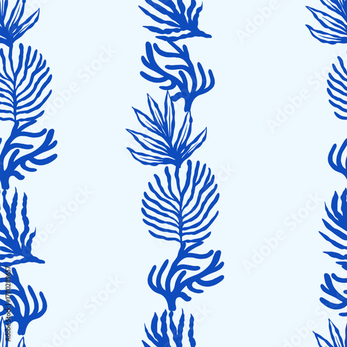 Corals and seaweed seamless pattern. Abstract Botanical Illustration. Underwater sea plants and flora. Hand Drawn 