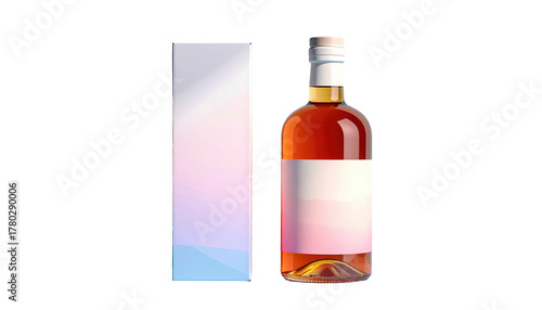 Glass bottle with amber liquid and box, set against a black background, creates a minimal yet elegant composition