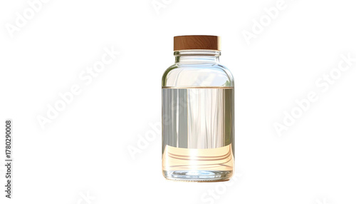 Clear glass bottle filled with clear liquid and a brown lid against a black background in a studio setting
