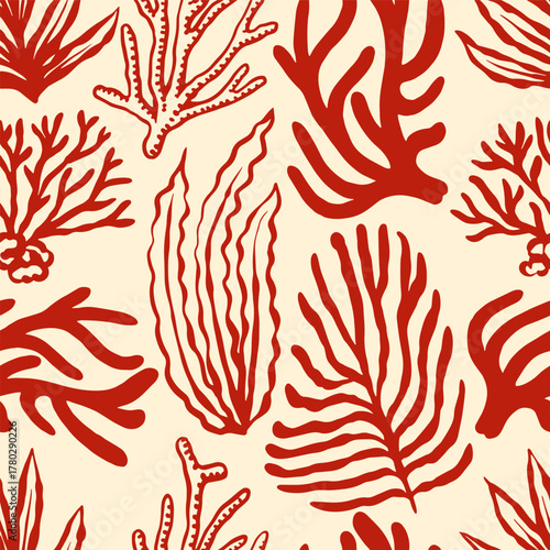 Corals and seaweed seamless pattern. Abstract Botanical Illustration. Underwater sea plants and flora. Hand Drawn 