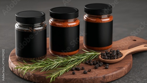 Spice jars with blank labels for culinary ingredients.