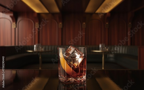 Classic cocktail with large ice cube in an elegant bar setting