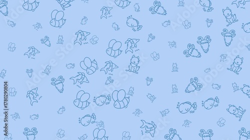 Light blue animal doodle pattern perfect for children's products, stationery, and textiles with a playful and fun aesthetic.