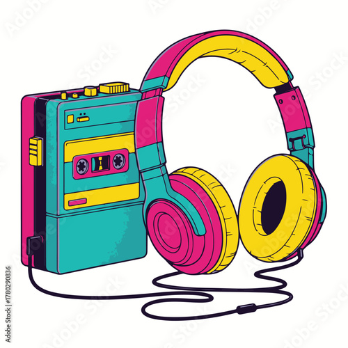 Retro portable cassette player with headphones in 80s–90s cartoon style. Hand drawn vector illustration of a music player. Perfect as a trendy patch, sticker, badge, or emblem.