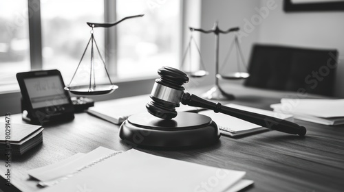 Gavel and scales sit on a desk in a legal setting, papers scattered around for use