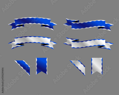 スタイリッシュなブルー＆シルバーグラデーションリボンフレームセット - 波型デザイン、モダンな装飾ベクター素材