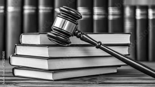 Judge's gavel on law books, legal authority, courtroom scene