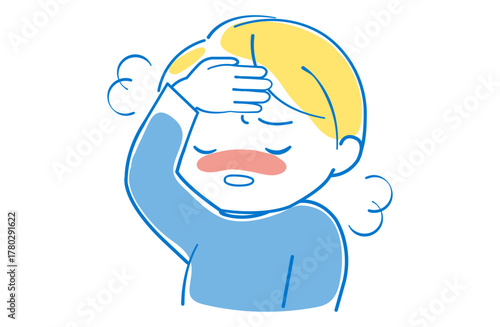 高熱が出て額に手を当てて確認している苦しそうな子供のイラスト