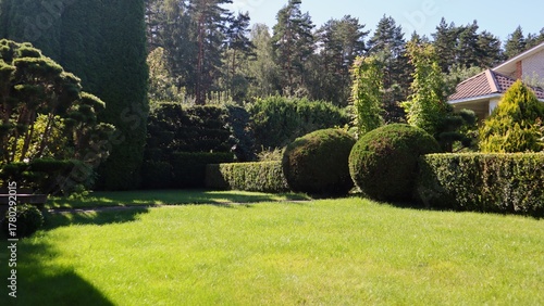 Tableau sur toile Formal summer garden design featuring manicured topiary hedges, green lawn, land
