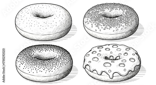 Detailed black and white sketch illustration of four different types of bagels or donuts, including plain, sprinkled, seeded, and glazed varieties.