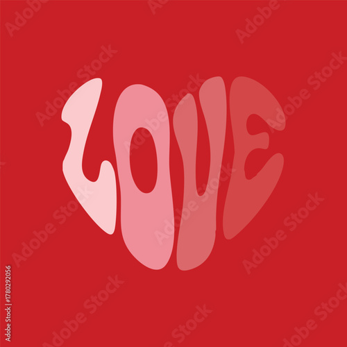 Groovy Love Text Shaped as a Heart on a Red Background, Retro 'LOVE' Heart Graphic, 1970s Style Typography Heart Design, Blob-Shaped Gradient 'LOVE' Letters Forming a Heart Shape.