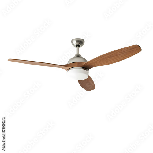 Modern ceiling fan with wooden blades provides a cool breeze and elegant lighting