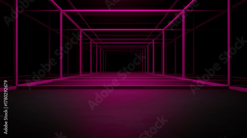 Fototapeta Naklejka Na Ścianę i Meble -  Futuristic neon tunnel glowing in pink and purple light, concept of cyber space, virtual reality and modern technology.