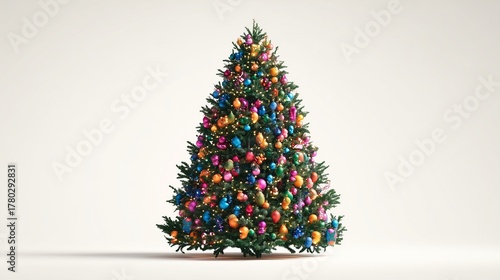 A vibrant, super realistic studio shot of a magnificent lush Christmas tree, brimming with festive cheer.