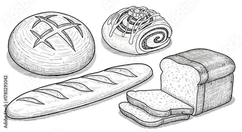 A hand-drawn black and white illustration of assorted baked goods, including a boule, baguette, cinnamon roll, and sliced loaf.