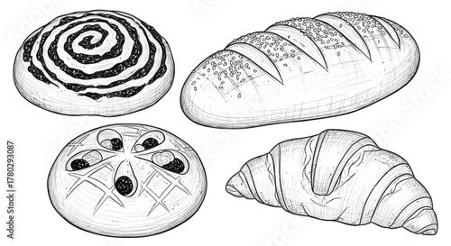 A black and white sketch of four different types of baked goods, including a cinnamon roll, a loaf of bread, a round bread with toppings, and a croissant.