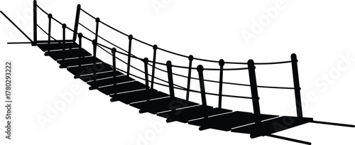 Suspension rope bridge silhouette, adventure crossing icon, black vector structure, CAD drawing, flat illustration, jungle bridge, hiking path, isolated design