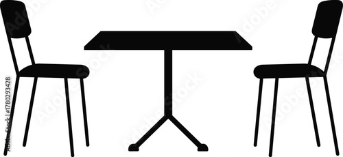 Table and chair silhouettes, dining furniture icons, black vector set, CAD drawing, flat illustration, interior decor, seating design, isolated layout