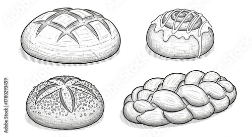 Detailed black and white sketch of various baked goods including bread loaves and a cinnamon roll.