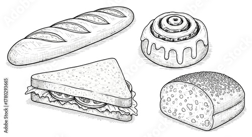 Illustration of bread, sandwich, and cinnamon roll.
