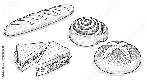 A detailed black and white sketch of various baked goods including a baguette, cinnamon roll, round bread, and a sandwich.