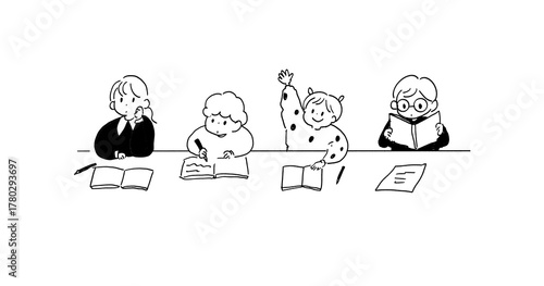 Children studying and learning in classroom, hand-drawn style illustration
