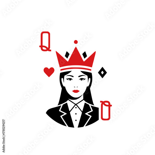 Queen of Hearts Playing Card - Modern Design with Elegant Silhouette and Crown