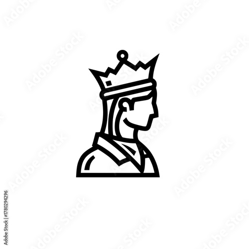 Simple line icon of a crowned monarch. Vector graphic of a royal head, representing nobility, authority, and sovereignty. King or queen profile
