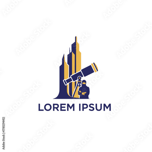 Modern urban exploration and discovery logo featuring a person with a telescope against a towering city skyline, representing vision, insight, and looking to the future