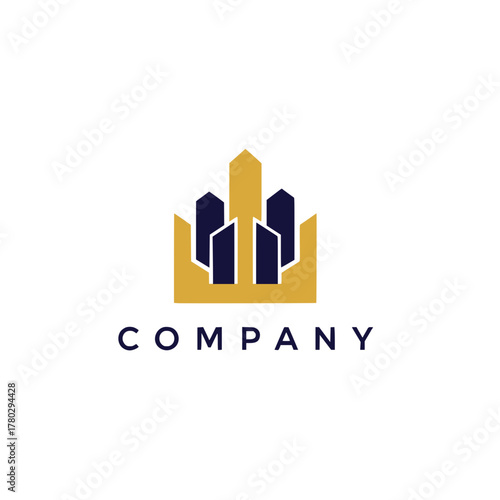 Modern architectural emblem showcasing a dynamic city skyline, ideal for a prestigious corporate identity or real estate development brand