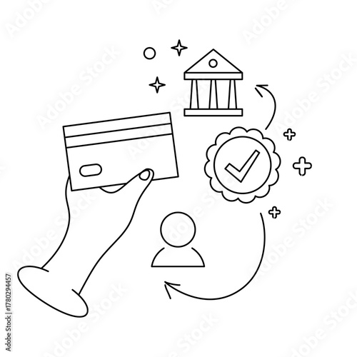 Stylized Banking Transaction Icon with Credit Card, Bank, User, and Approval