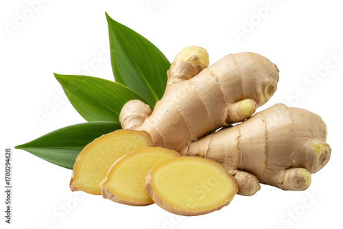 Fresh ginger root and slices isolated on transparent background