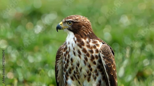 Majestic hawk perched gracefully on green grass displaying its brown and white plumage with a sharp beak and keen eyes in a natural outdoor setting perfect for wildlife photography