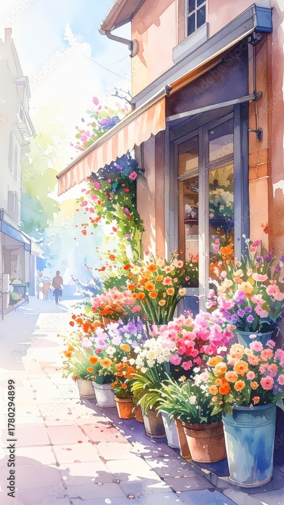 Obraz premium Street Flower Shop Corner with Many Flowers