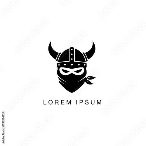 Striking black graphic icon of a warrior's head, showcasing a horned Viking helmet paired with a face mask, embodying strength, protection, and enigmatic power