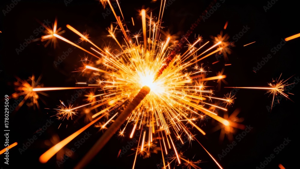 Fototapeta premium A vibrant sparkler bursts with golden sparks against a dark background, capturing the dynamic and festive essence of celebration.