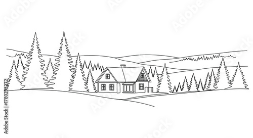 A charming house nestled amongst tall evergreen trees with rolling hills in the background silhouette