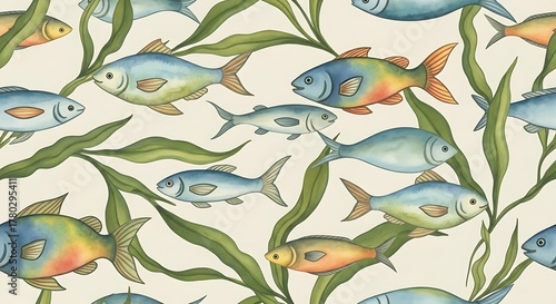 Animal seamless pattern with abstract fishes and seaweeds, watercolor illustration on delicate beige background for textile or wallpaper