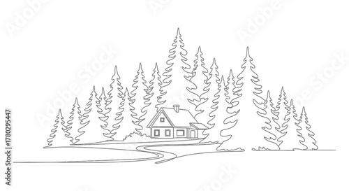 Rustic cabin nestled amongst tall evergreen trees in a serene forest landscape silhouette