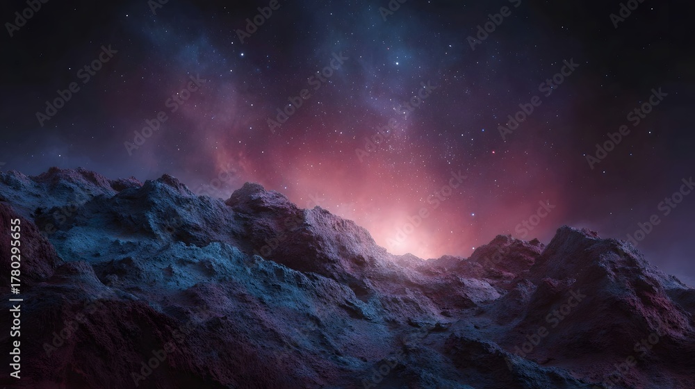 Naklejka premium Alien planet landscape bathed in the vibrant glow of a colorful nebula and distant starlight