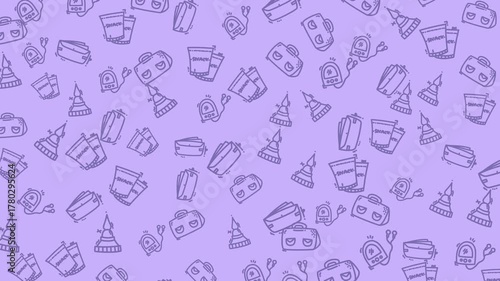 Purple background with snacks, purses, monuments, and radios suitable for travel-themed designs, radio station promotions, food-related content, and artistic projects.