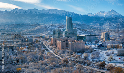 A drone view of the upper part of the Kazakh city of Almaty after a snowfall.