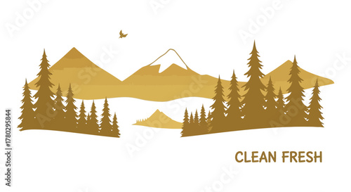 Golden silhouette of a serene winter mountain landscape with snow covered trees and a distant bird silhouette