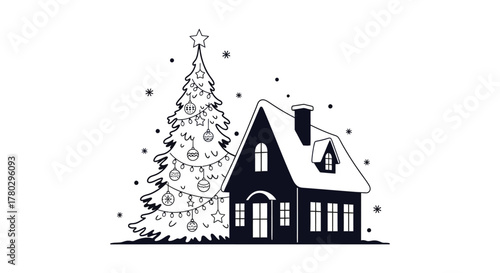 Charming winter scene silhouette of a snowy house and decorated christmas tree silhouette