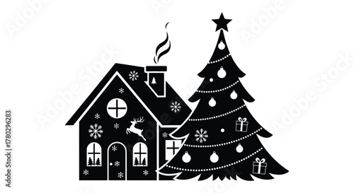 Festive christmas house with decorated tree and chimney smoke silhouette