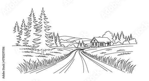 Rustic country road leading to a distant cabin nestled amongst pine trees and rolling hills silhouette
