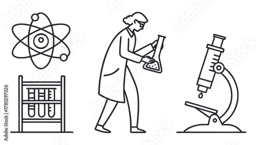 Thin linear minimalist icons set representing scientific research and laboratory work — including experiment flasks, microscopes, molecules, scientists, and data charts. Editable stroke outline vector