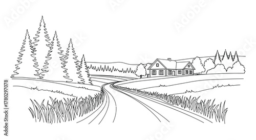 A winding country road leads to a charming house nestled among trees in a picturesque landscape silhouette