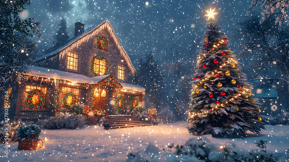 Fototapeta premium Stunning festive scene featuring a snow-covered cottage illuminated by vibrant holiday lights, shimmering ornaments, and the calm serenity of a winter evening.