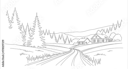 Artistic sketch of a winding road leading to a charming house nestled among trees and hills in a countryside landscape silhouette